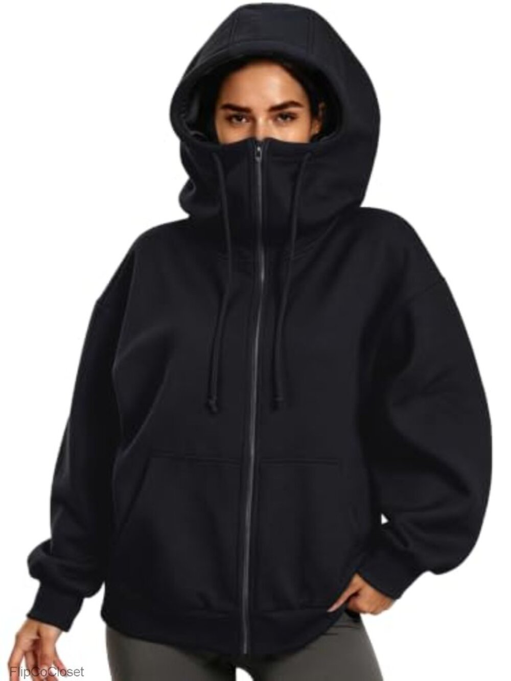 Oversized Zip Hoodie with Satin-Lined Hood and Funnel Neck
